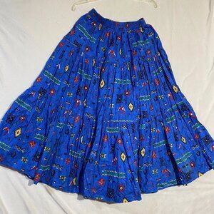 On The Verge Flared Maxi Skirt Womens M Blue Geometric Elastic Waist Festive